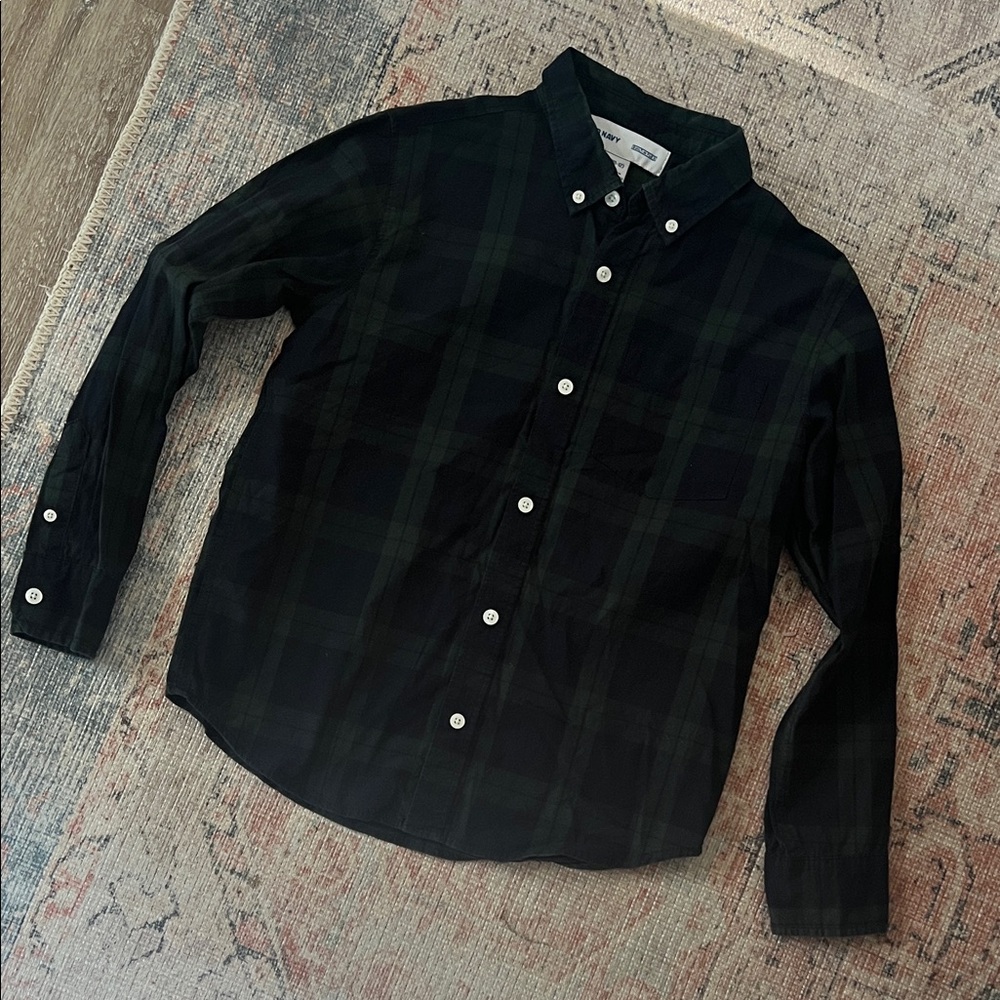 Old Navy Boys Navy Blue & Green Plaid Button Up Shirt Size L 10/12